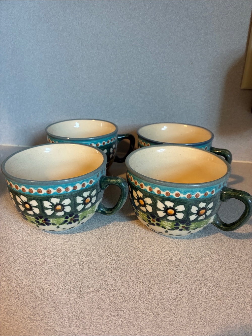 Polish pottery Handcrafted Floral Ceramic Mugs in Teal and Cream - Set of 4